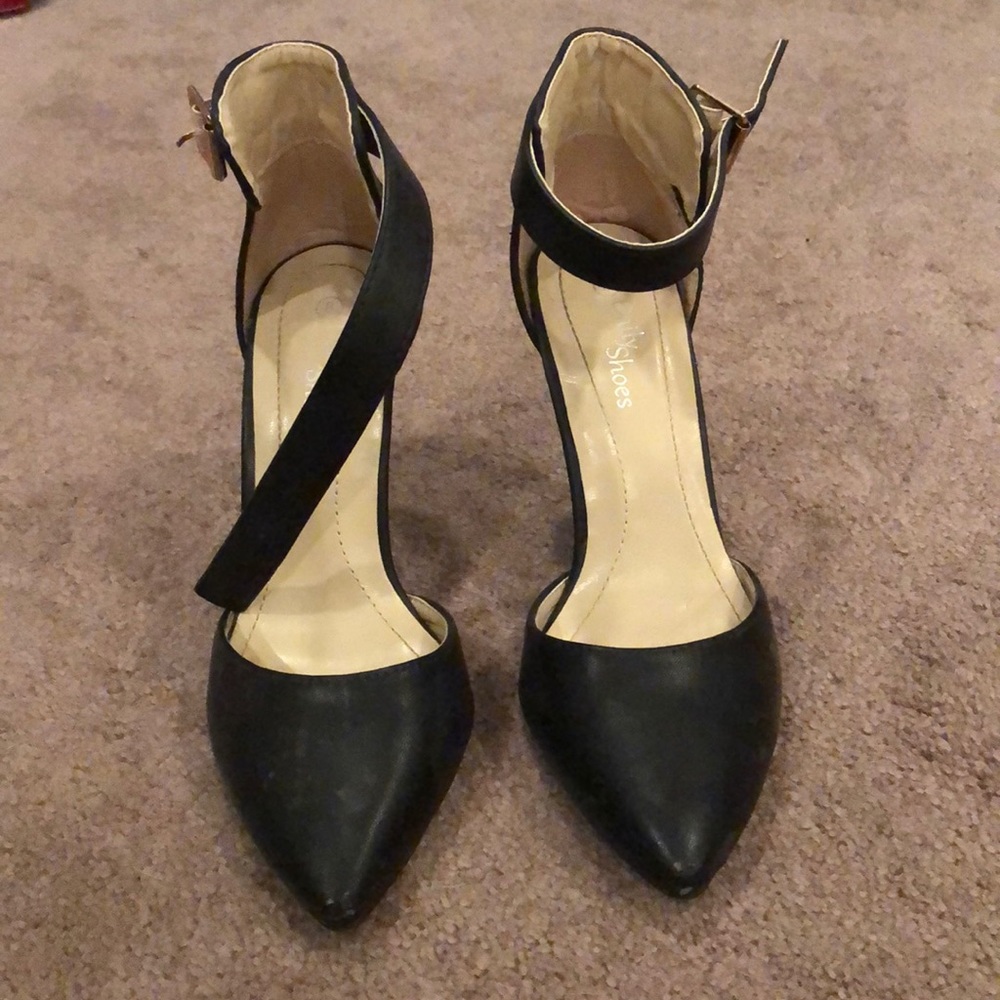 Black, ankle strap leather pumps